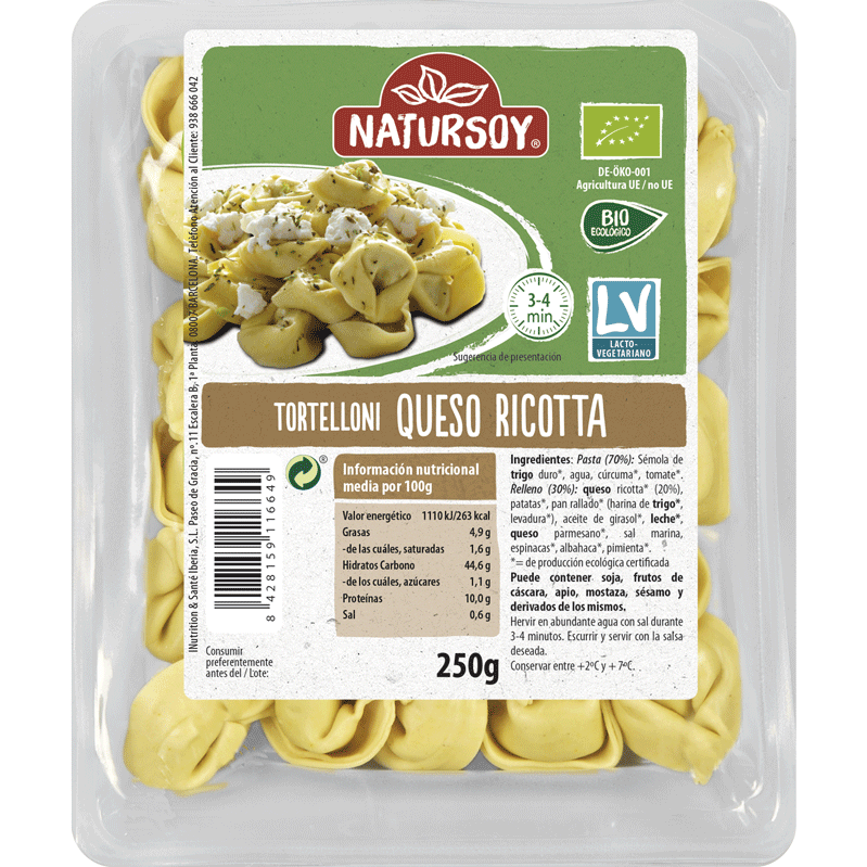 Natursoy - Tortelloni formatge ricotta 250 gr